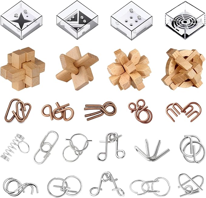 24 Pack Brain Teaser Puzzle Educational Toys for Kids & Adults | Metal & Wooden Puzzles with Balance Challenges, IQ Logic Games and Mind Teaser Toys for Teens Boys Girls