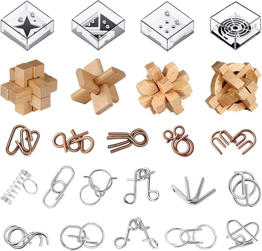 24 Pack Brain Teaser Puzzle Educational Toys for Kids & Adults | Metal & Wooden Puzzles with Balance Challenges, IQ Logic Games and Mind Teaser Toys for Teens Boys Girls