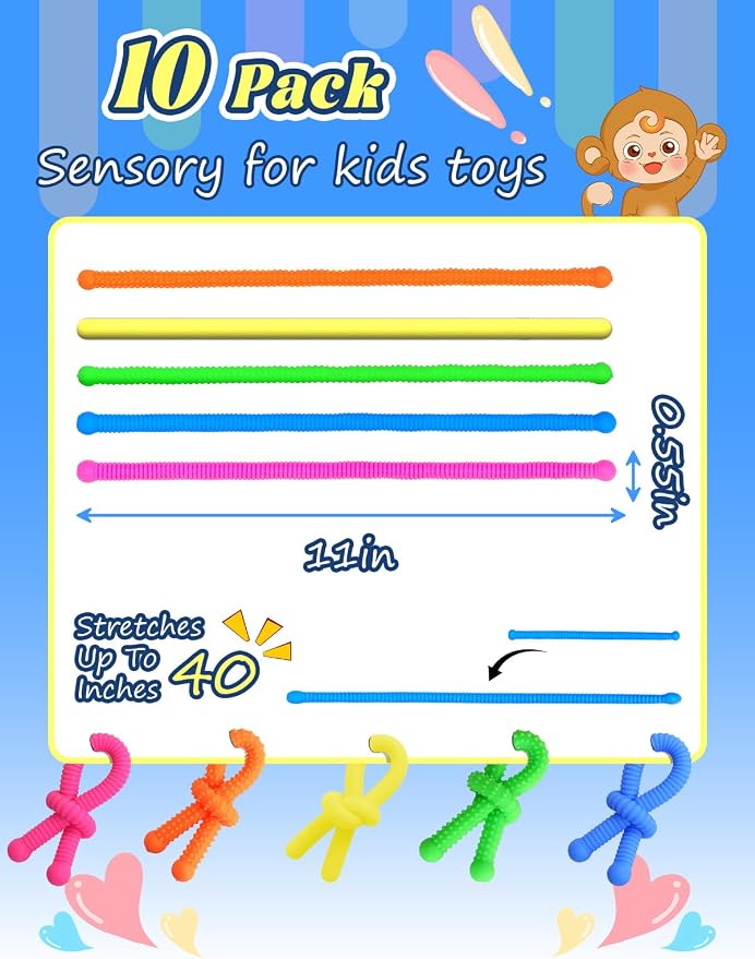 10 Pack Sensory Autism Toys for Kids – Gift Box Upgraded Extra-Thick Stretchy Sensory Strings for School Classroom Rewards Back to School Birthday Party Favors (Textured)
