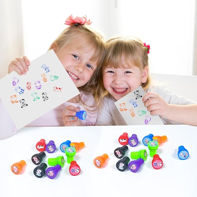 Cinrobiye 24 Pcs Cow Stampers Party Favor Set, Cute Farm Animal Stamps for Kids Birthday Party, Classroom Rewards, Farm Themed Party Supplies, Goody Bag Fillers, Barnyard Animal Toys