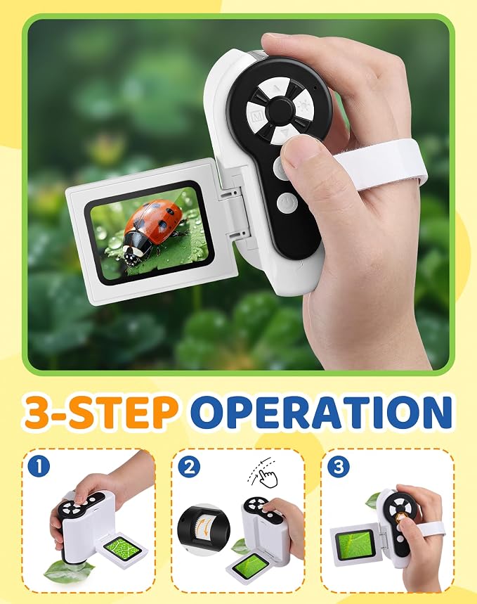 1000X Microscope for Kids 8-12, 4K HD Screen with 6 LED Lights, Portable Microscope for Outdoor STEM Learning, Rechargeable Science Kit, Birthday Easter Gifts for Kids