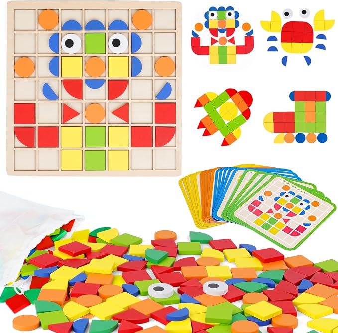 Wooden Pattern Blocks with Grid Board 142PCS Wood Mosaic Tiles Montessori Shape Puzzle Tangrams for Kids with Storage Bag Preschool Educational Toys for Boys Girls Ages 3+