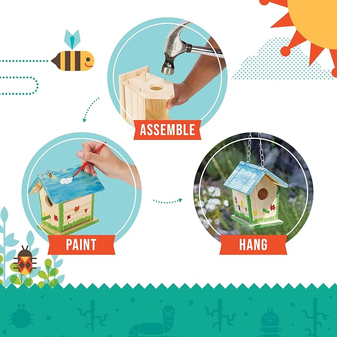 Beetle & Bee Build A Bird Bungalow - DIY Kid Art Craft Outdoor Birdhouse Kit, House Painting Kit for Kids, Hardware Glue Included- 4 Paints, 1 Brush, 7 Wooden Pcs, Chain For Tree Hanging Age 5+ | Includes Paints, Brush, Glue, Nails, Chain, Instructions...