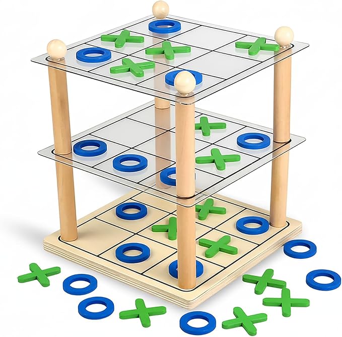 3D Wooden Tic Tac Toe Board Game, Classic XO Strategy Game | Durable Tabletop Game for Kids and Adults, Fun Family Activity for Parties, Travel, Gatherings and Game Night