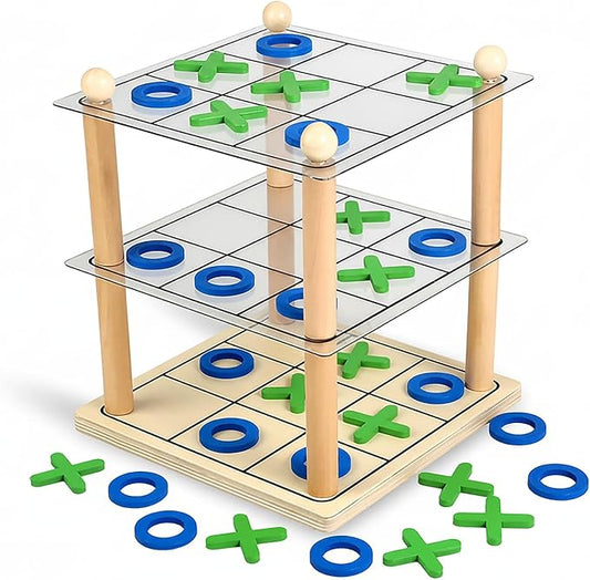 3D Wooden Tic Tac Toe Board Game, Classic XO Strategy Game | Durable Tabletop Game for Kids and Adults, Fun Family Activity for Parties, Travel, Gatherings and Game Night