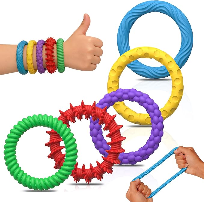 5 Pack Chewable Sensory Fidget Bracelets for Kids, Textured Silicone Bands | Chewable Sensory Fidget Bracelets for Kids, Stretchy Textured Silicone Bands for Classroom, Travel and Quiet Play