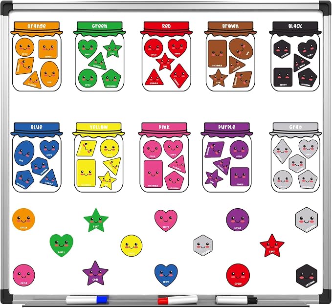 QOUBAI 10 Packs Shape Color Recognition Fridge Magnetic Sorting Set | Shapes Magnets for 1-3 Toddlers Educational,Kids Preschool Learning Magnets for Refrigerator Whiteboard Classroom Game