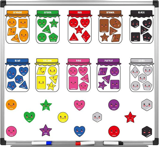 QOUBAI 10 Packs Shape Color Recognition Fridge Magnetic Sorting Set | Shapes Magnets for 1-3 Toddlers Educational,Kids Preschool Learning Magnets for Refrigerator Whiteboard Classroom Game