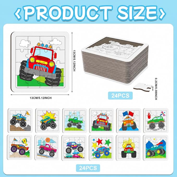 Cinrobiye 24 PCS Monster Truck Coloring Puzzle Craft Kit for Kids, DIY Race Car Jigsaw Puzzles Bulk with 12 Designs, Truck Birthday Party Favors, Classroom Art Activities, Game Rewards