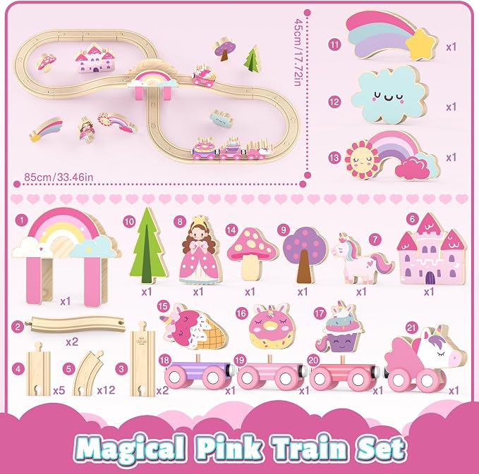 Lehoo Castle Wooden Train Set for Girls, Pink Unicorn Train Set | Princess and Castle Pieces for Imaginative Play, Compatible with Most Wooden Train Tracks, Birthday Gift for Girls