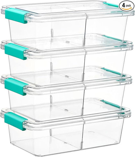 Vtopmart 1.5Qt Stackable Clear Pencil Box with Removable Divider, 4 Pack | Storage Containers for Pens, Pencils, Crayons,Craft, Sticker and Office Supplies, BPA-Free PET Plastic,Secure Side Latches
