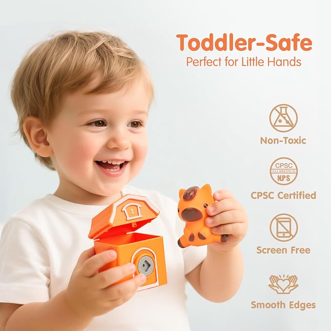 hahaland Montessori Farm Train Set, Toddler Learning Toys for 2-3 Year Olds | Count, Match, Sort Unlock 9 Numbered Barns with Farm Animal Finger Puppets, Color-shape Keys and 4 Train Birthday Gifts