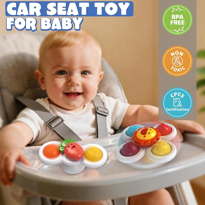 3PC Suction Spinner Toys for Babies 12 Months, Bath & Window Suction Toys, Airplane Travel Activities, Montessori Sensory Fidget Toys, Easter Basket Stuffers Gifts for 1 Year Old Boys Girls