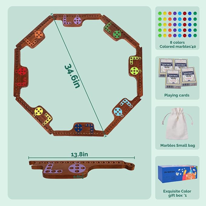 Jokers and Marbles Board Game Wood, 2-8 Players Including Pinball Poker | 8 Wood Game Boards 8 Colors 40 Marbles 4 Decks of Cards Instructions Family Tabletop Game Gift for Adults and Families