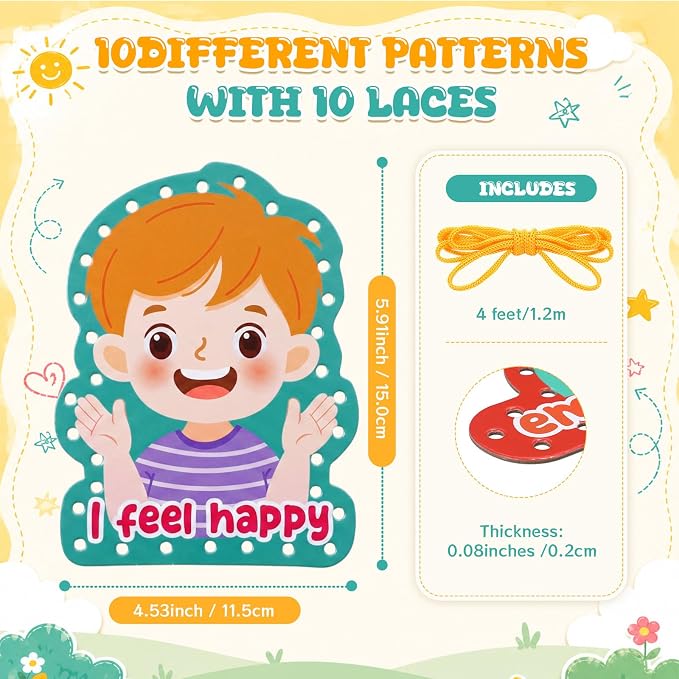 Funrous 10 Pieces Kids Recognition Lacing Cards,Emotion | Thick Cardboard Educational Sewing Cards, Double Sided Lacing Playing Games, For Preschool Developing Imagination Supplies