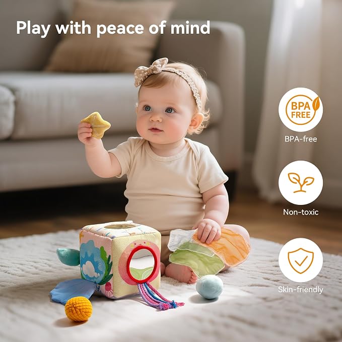 Youuys Baby Tissue Box Toy for Babies 6-12 Months - Montessori Sensory Busy Cube Toys with 3 Textured Balls & 12 Silky Scarves - Ideal Gift for Toddler Girls Ages 6 12 18 Months (Mermaid Theme)