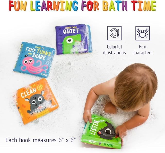 merka Baby Bath Books for Toddlers, 4 Pack Waterproof Bathtime Books, Bath Toys Floatable in Bathtub, Learn Take Turns, Clean Up, Listen, Quiet