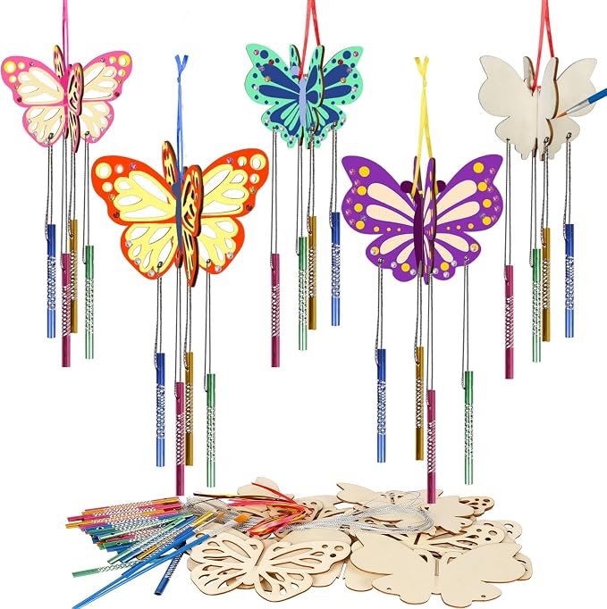 Fennoral 8 Pack 3D Butterfly Wind Chime Kit for Kids Make Your Own Butterfly Wind Chime Wooden Arts and Crafts for Kids DIY to Paint Butterfly Craft for Summer Art Activity Mother's Day Decoration