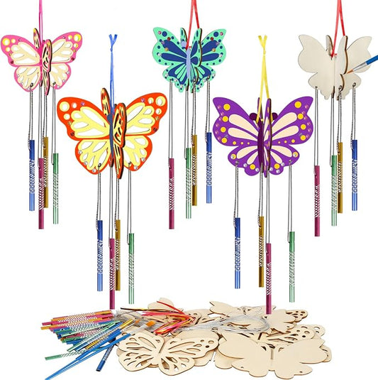 Fennoral 8 Pack 3D Butterfly Wind Chime Kit for Kids Make Your Own Butterfly Wind Chime Wooden Arts and Crafts for Kids DIY to Paint Butterfly Craft for Summer Art Activity Mother's Day Decoration