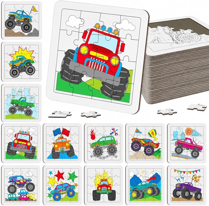 Cinrobiye 24 PCS Monster Truck Coloring Puzzle Craft Kit for Kids, DIY Race Car Jigsaw Puzzles Bulk with 12 Designs, Truck Birthday Party Favors, Classroom Art Activities, Game Rewards