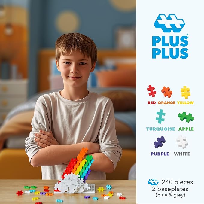 PLUS PLUS 240 Piece Rainbow Mix Tube & Baseplate - Waffle Blocks Stem Toy | Sensory Bin Fillers, Gifts for Boys & Girls, Classroom Must Haves, Christmas Stocking Stuffers for Kids, Math Manipulatives