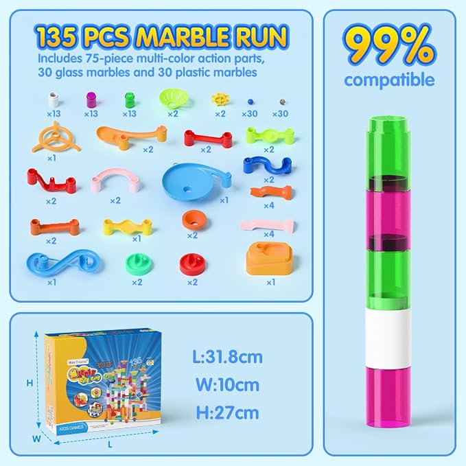 MaxTronic Marble Run for Kids,135 PCS Marble Maze Track Set - Educational Building Block Toys Set for Boys Girls STEM Learning (75 Blocks + 60 Marbles)