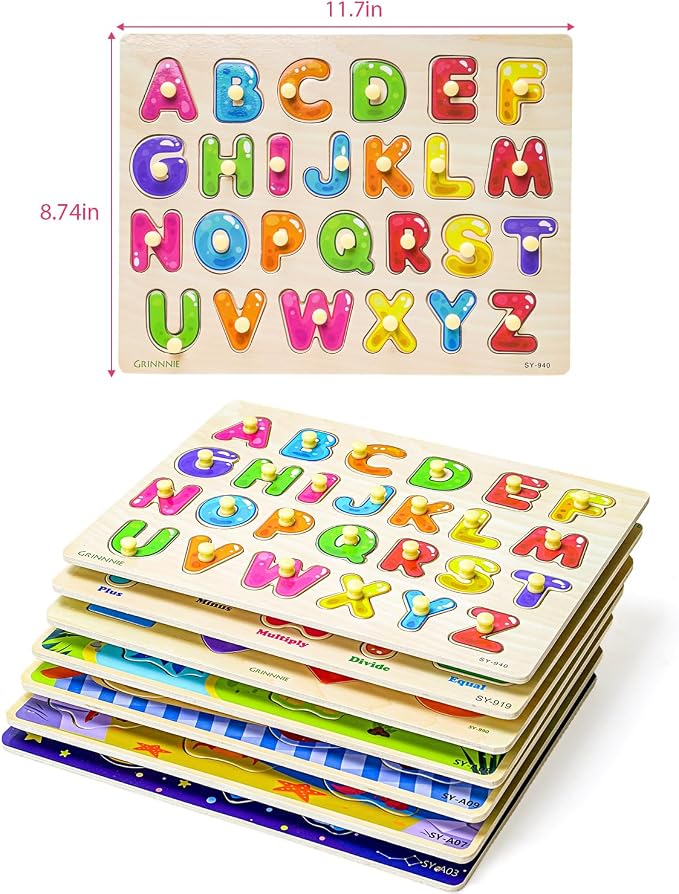 GRINNNIE Toddler Puzzle for 2 3 4 Years Old, 7PCS Montessori Kids Wooden Peg Puzzle Set (Dino Animal Shape Number Fruit..), Preschool Learning Puzzles Toy Gift for Boys Girls Birthday