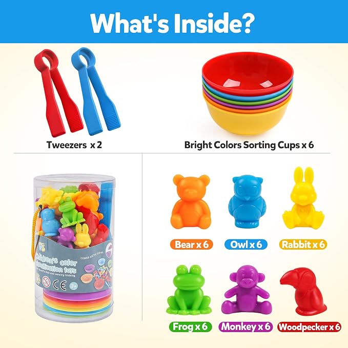 GKDOMS Counting Animals Toy Matching Game with Sorting Bowls Preschool Learning Activities Montessori Sensory Toys for Math Color Sorting, Party Favors Birthday Gifts for Kids