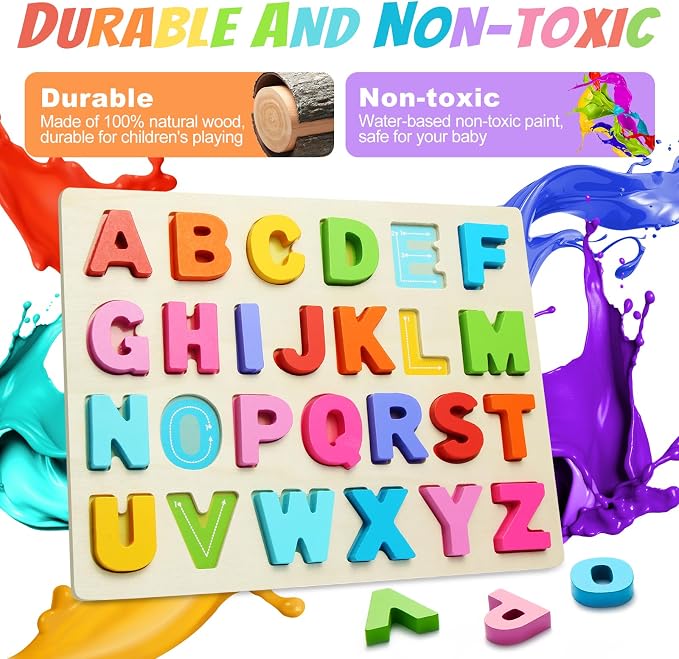 Wooden Alphabet Puzzles, ABC Learning Toys for Toddlers | Thick Easy-Grip Solid Wood Letters, Preschool Early Learning Activities, Montessori Birthday Gift for Girls & Boys