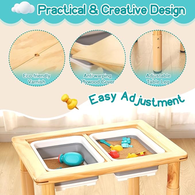 FUNLIO Wooden Sensory Table for Toddlers 1-5, 4-Level Height Adjustable Kids Activity Table with Anti-Warping Plywood Lid, Indoor/Outdoor Play Sand and Water Table, CPC Certified