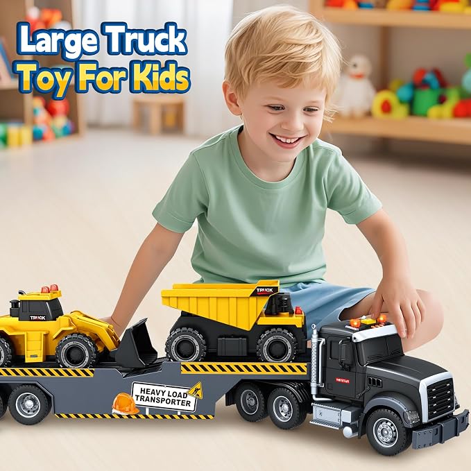 Bstoyder Toddler Boy Toys for 3 4 5 6 7 Years Kids, 21" Semi Construction Carrier Truck Toy with Excavator and Dump Truck, Friction Powered Toys with Lights and Sounds, Birthday for Boy Girls