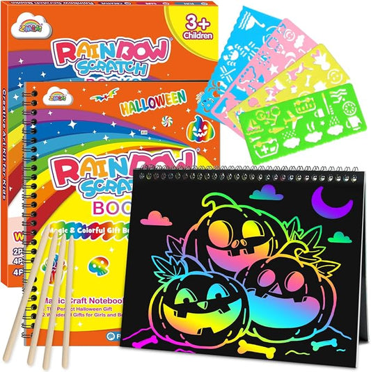 ZMLM Scratch Paper Art-Crafts Gift: 2 Pack Rainbow Notebooks Supplies Toys | Art Crafts for 3 4 5 6 7 8 9 10 11 12 Years Old Girls and Boys Kids Birthday Halloween Party Travel Games Activities