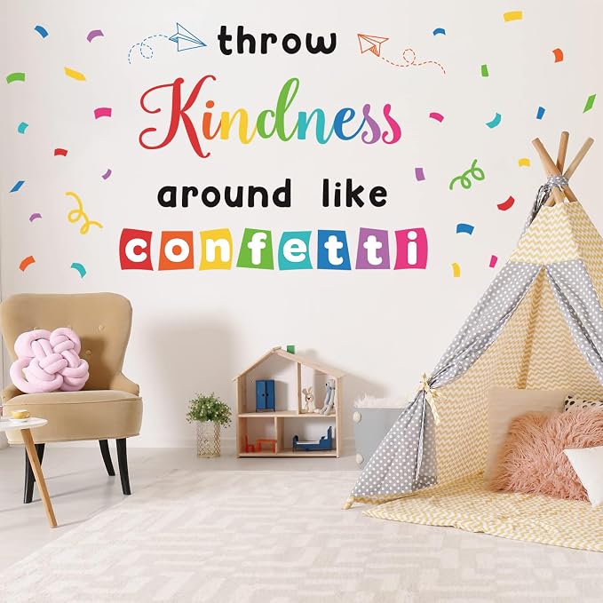 LHIUEM Inspirational Wall Decals Throw Kindness Around Like Confetti Bulletin Board Kits Peel and Stick Wall Decor Welcome Back to School Wall Stickers for Kids Elementary Classroom Kindergarten Sets