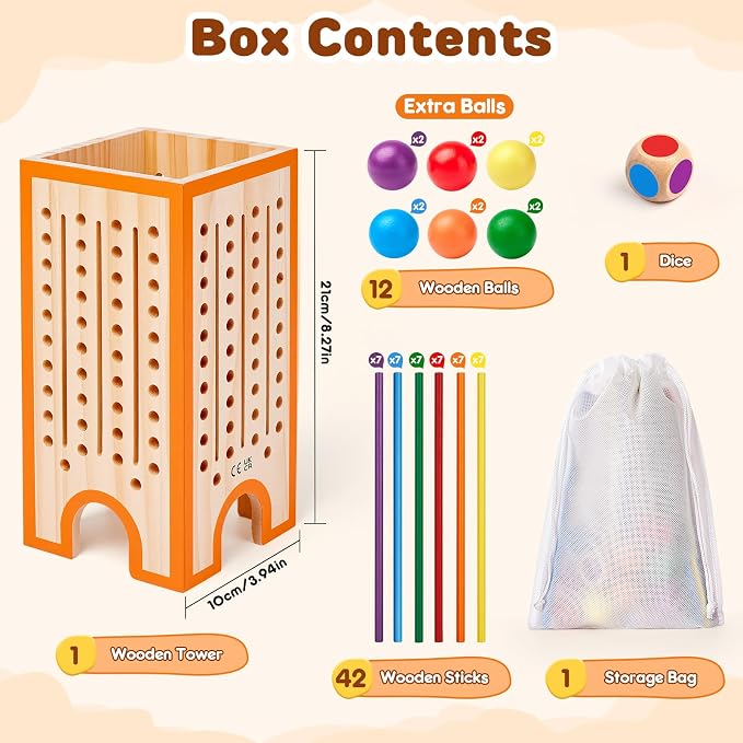 Montessori Board Game for Kids 4-6, 42 Colorful Wooden Sticks Dice Game with 12 Balls, Math & Counting Educational Toy for 3 4 5 6 Year Olds, Fine Motor Skills, Classic Table Game for Family Night