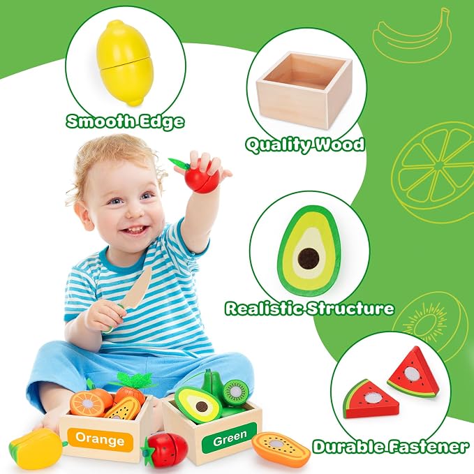 TooyBing Wooden Play Food Toy Set for Kids Kitchen - 30 Pcs Montessori Cutting & Color Sorting Fake Fruit Accessories with 4 Boxes, Play Toys for Toddlers 3, Birthday Gifts for Boys Girls
