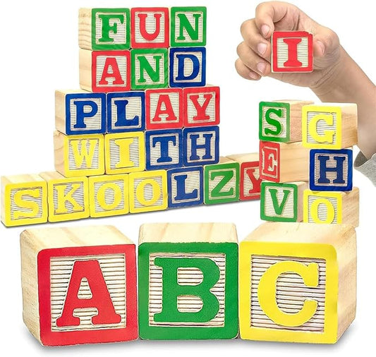 Skoolzy 30 Pc Baby Blocks, Wooden ABC Blocks, Alphabet Learning, 2-5 | Small Wooden ABC Blocks for Toddlers 2-5 - Alphabet Learning & Building Toys, Educational