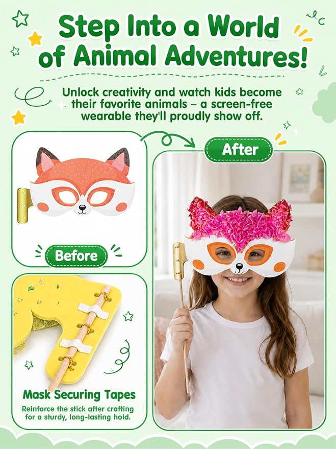 Kivonio Poke Art - Animal Masks, Mess-Free Fun for Kids, DIY Wood Craft Kits, Creative Activity, Gifts for Girls & Boys Ages 4, 5, 6, 7, 8, 9 Fine Motor Skills, Screen-Free