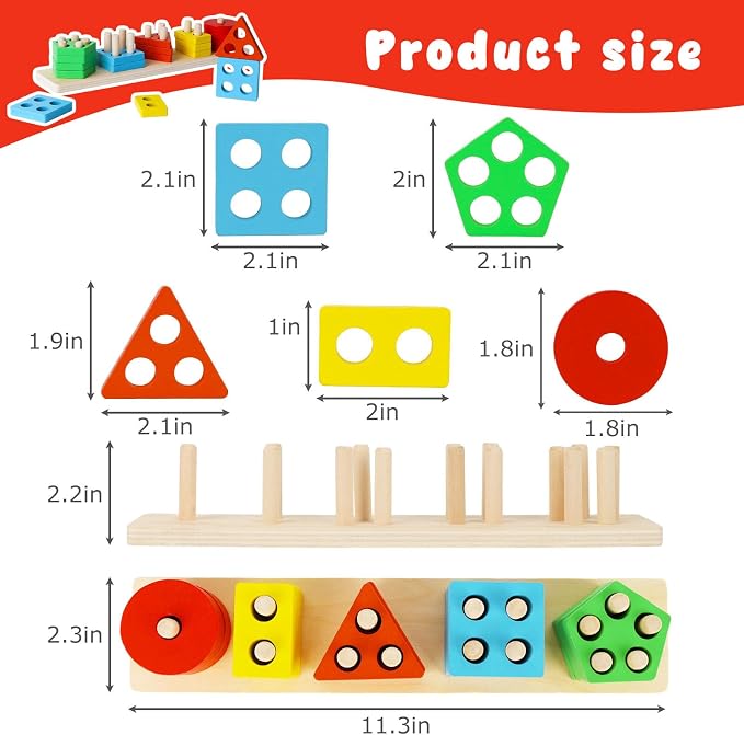 LovesTown Stacking and Sorting Learning Puzzles, Montessori Wooden Sensory Toys for Toddlers, 20 PCS (Pack of 2)