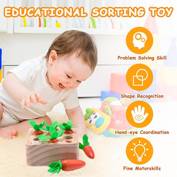 Wooden Montessori Toys for 1 Year Old, Carrots Harvest Shape Sorting Toy | Educational shape sorting matching wooden toys for fine motor skills, Great birthday & Easter gift for 1+ year olds