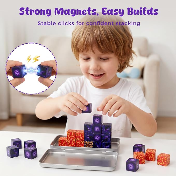 3 otters 32PCS Magnetic Blocks, with a Storage Box, Portal | Pocket-Sized, Travel Magnet Cubes, STEM Toy for Toddler, Car Trips, Airplane Travel, Preschool Learning