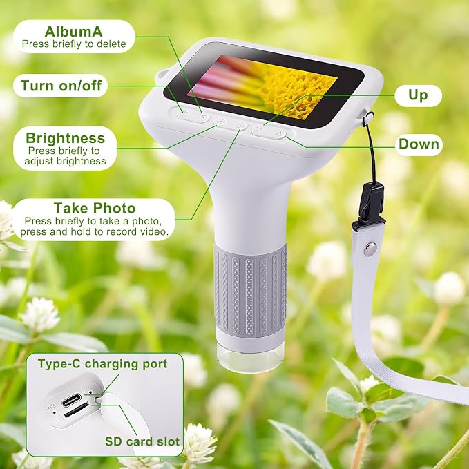 HOMEE 3" Kids Digital Microscope Kit, Portable Handheld Pocket Micro Scope | 1000X Handheld LED Microscope with 12 Slides, Photo & Video, Science Educational Toys Birthday Gifts for Boys and Girls,White