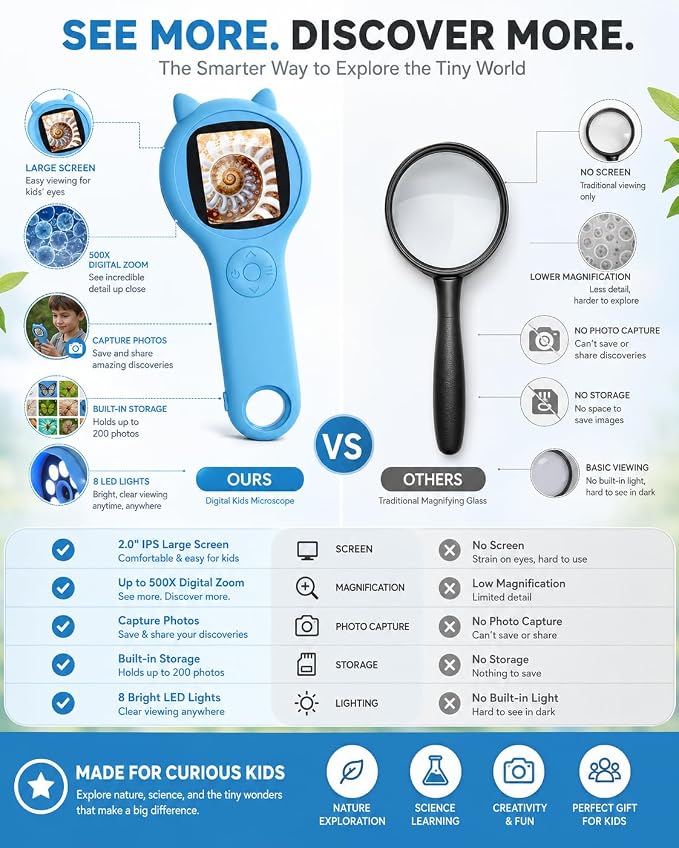 Microscope for Kids, Portable Digital Microscope for Outdoor Exploration | 500X digital magnifying glass with a 2-inch IPS screen for nature, camping, travel, and hands-on STEM learning.