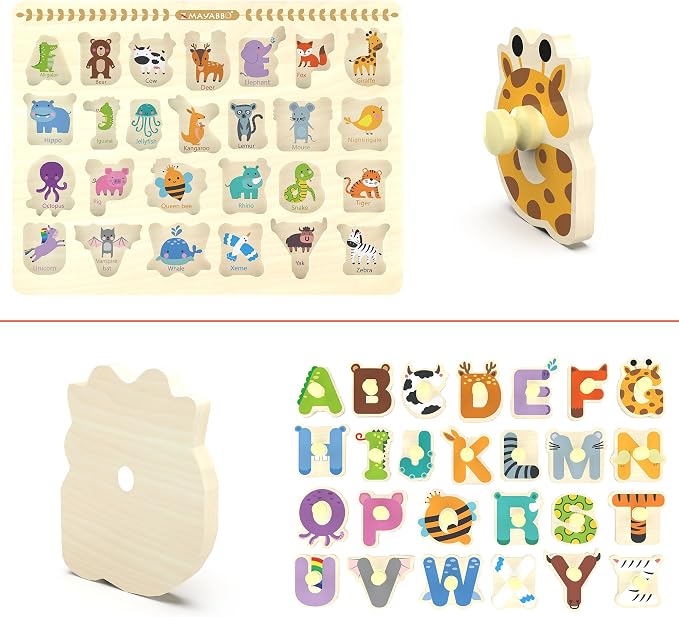 Wooden Peg Puzzle for Toddlers, Alphabet Learning Toys, Baby Puzzles Alphabet Board for Kids, Preschool Knob Puzzle for Boys Girls, Chunky ABC Shape Puzzles for 2 3 4 Year Old