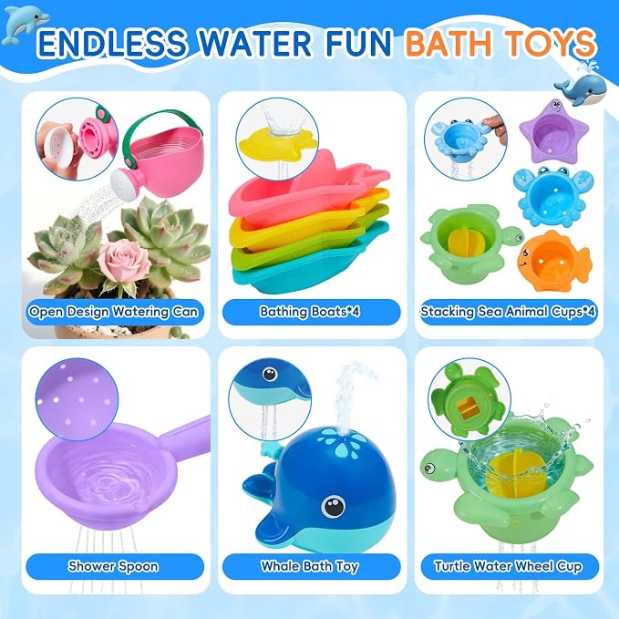 11 PCS Baby Bath Toys for Kids Ages 1-3, Open Design Easy-Clean Bathtub Pool Water Table Toys for Toddlers and Babies, Whale Sprayer, Stacking Cups & Watering Can Gifts for Boys & Girls