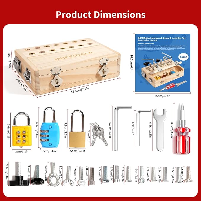INIFEIDALA Montessori Busy Board Toys for 3 4 5 6 Year Olds | Screwdriver Board Set-Lock and Key Toy,Fine Motor Skills,Wooden Kid Tool Set,Birthday Gift for Boys & Girls,Quiet Travel Toy