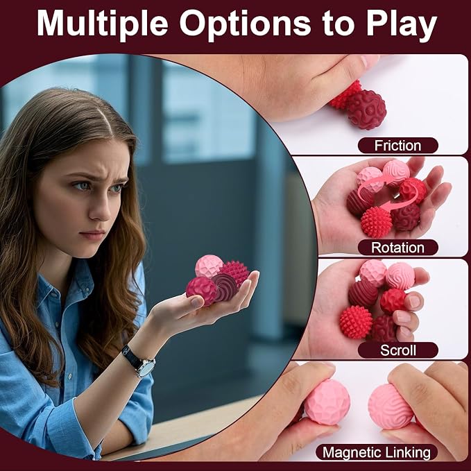 BUSOHA Silicone Magnetic Fidget Balls - 6 Pack Fidget Toys for Adult | Six Unique Textures Sensory Support,Quiet and Silent Stress Relief,Lightweight,Office,Travel,Anxiety,ADHD,Red