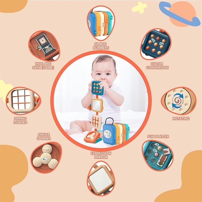 Toddler Busy Cube - Montessori Travel Toy for 1-3 Year Old | Boosts fine motor skills and sensory learning. Compact busy cube is an airplane or car travel activity toy gift for toddlers.