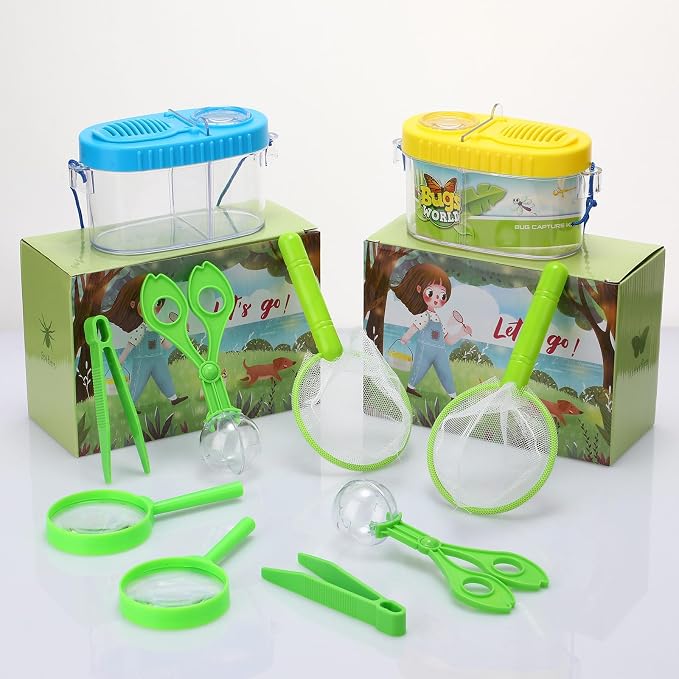 Halloscume 2 Sets Bug Catcher Kit Outdoor Toy Gift for Kids Outdoor Explorer Kit Kids Bug Catching Kit Insect Bug Habitat with Magnifying Glass, Tweezers, Bug Catcher and Net for Science Exploration