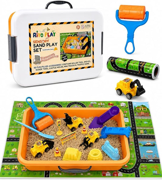 Construction Sensory Bin for Toddlers, 2-in-1 Play Mat, Ages 3+ | 2.6 lbs Moldable Magic Sand · 22-Piece Kit · Snap-lid Bin w/ Handle · Sensory Kit · Learning Activity · Ages 3-7