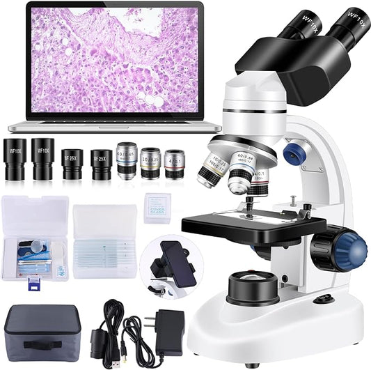 Microscope for Adults WF10x and WF25x eyepieces, 40X-2000X Magnification USB Camera, Microscope for Adults Suitable for Laboratory School (Binocular Microscope Without Gift Bag)